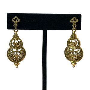 Gold-Tone Filigree Dangle Earrings With Ornate Design & Fleur De Lis Accents